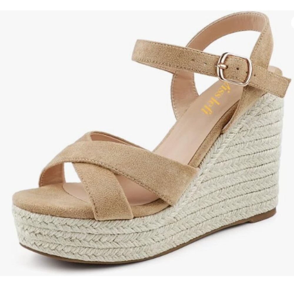miss left Apricot Platform Round Toe Cross Strappy Espadrille Wedge Heel Sandal